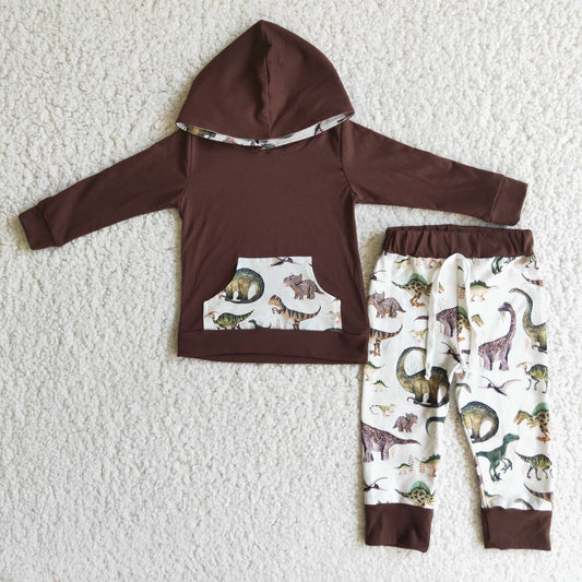 Boys Dinosaurs Outfits Long Sleeves Hoodies Joggers Brown