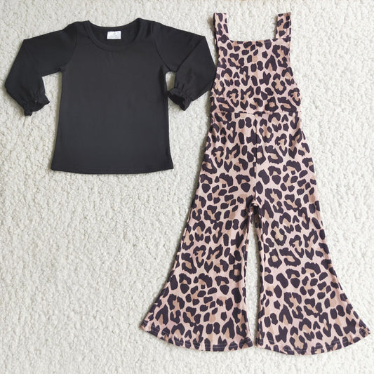 Girls Black Leopard Outfits Long Sleeves Overalls