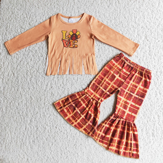 Girls Thanksgiving Love Turkey Outfits Long Sleeves Checked Pants