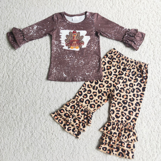 Girls Thanksgiving Turkey Outfits Long Sleeves Leopard Pants