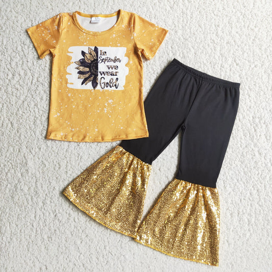 Girls Sunflowers Outfits Short Sleeves Pants Gold