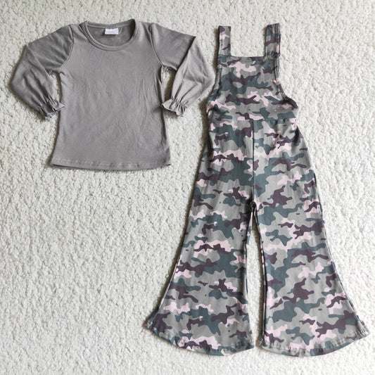 Girls Gray Camouflage Outfits Long Sleeves Overalls