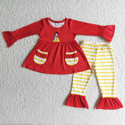 Girls Princess Outfits Long Sleeves Stripe Pants Red Pocket