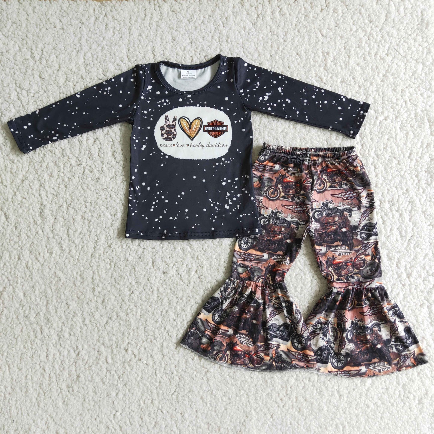 Girls Peace Love Harley Davidson Outfits Long Sleeves Pants Black