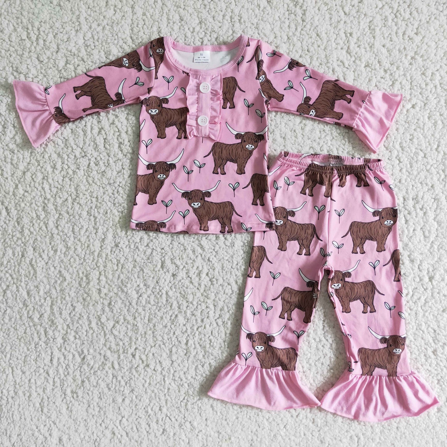 Girls Cow Pajamas Long Sleeves Pants Pink