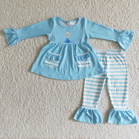 Girls Princess Outfits Long Sleeves Stripe Pants Sky Blue Pocket