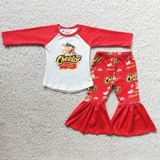 Girls Cartoon Outfits Long Sleeves Bell Bottom Pants Red