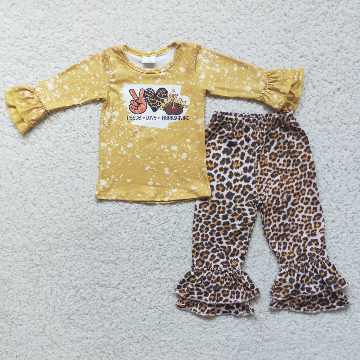 Girls Peace Love Thanksgiving Turkey Outfits Long Sleeves Leopard Pants