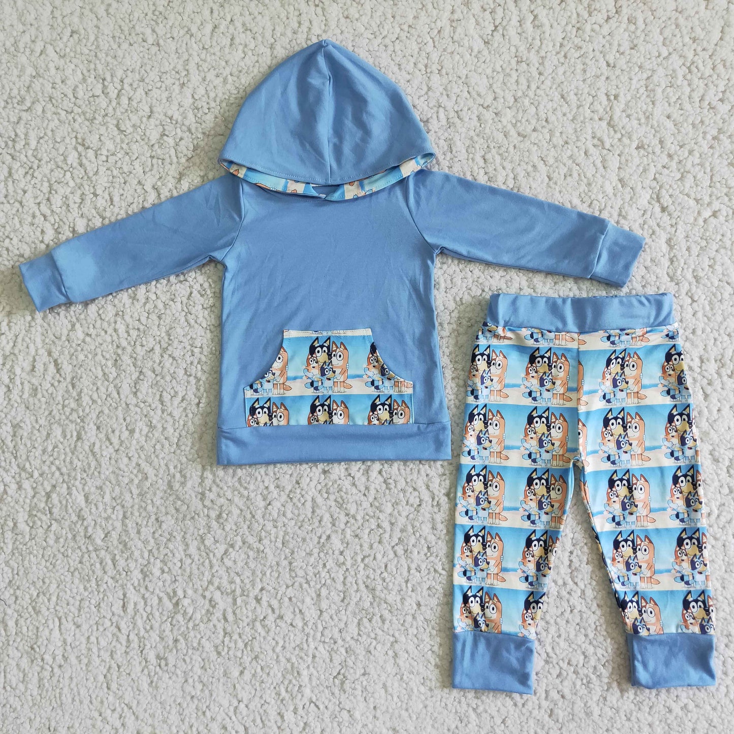 Boys Cartoon Outfits Long Sleeves Hoodies Joggers Sky Blue Dogs