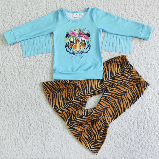 Girls Tiger Blue Outfits Long Sleeves Bell Bottom