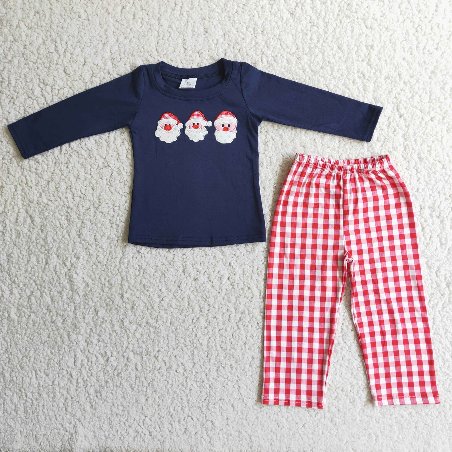 Boys Embroidery Christmas Santa Outfits Long Sleeves Plaid Pants