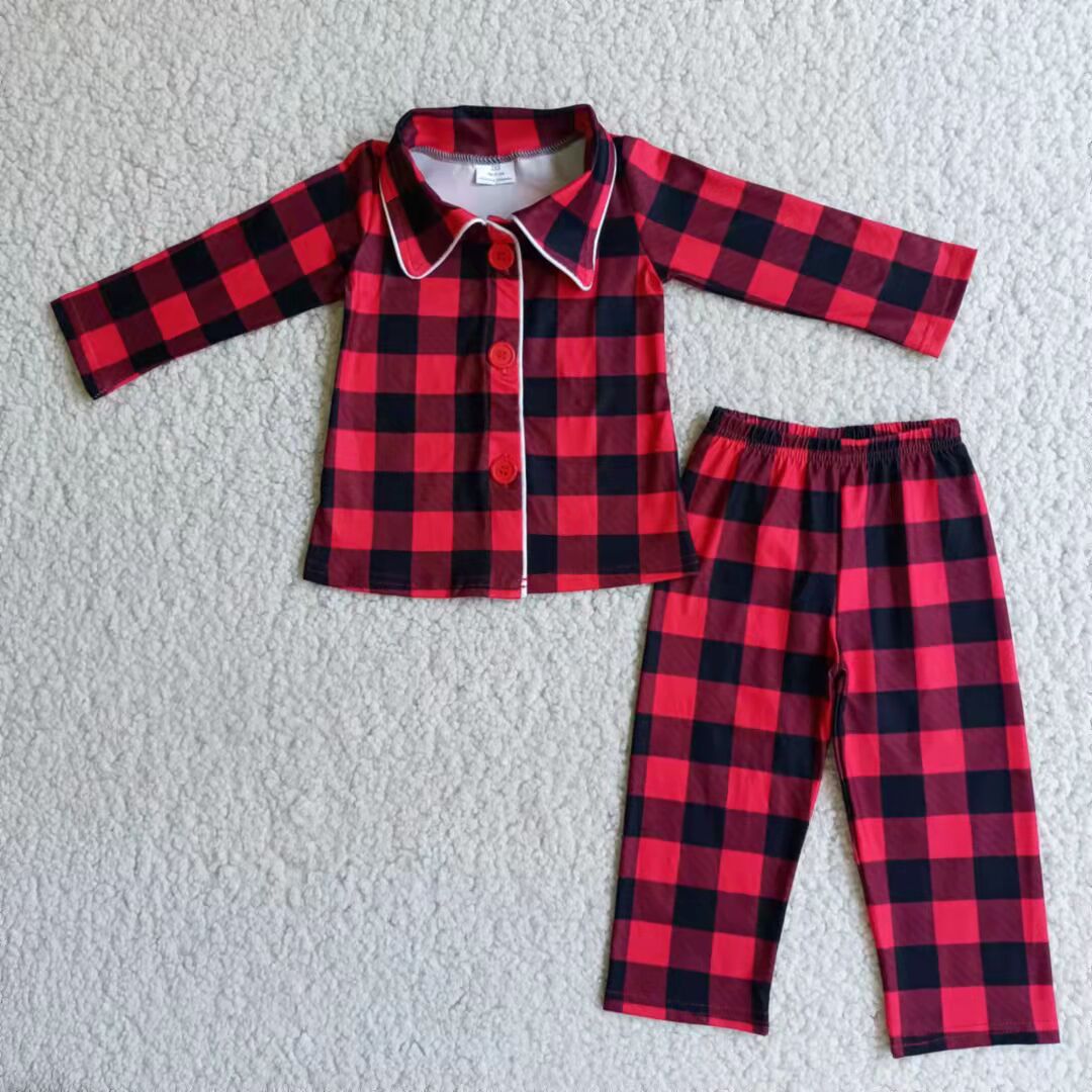 Boys Checked Pajamas Long Sleeves Pants Black Red