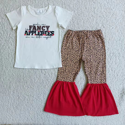 Girls Fancy Applebees Outfits Short Sleeves Bell Bottom Leopard Pants