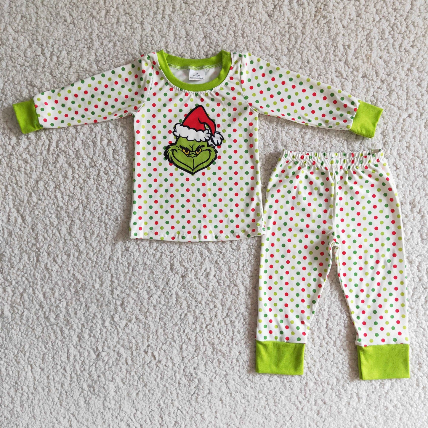 Boys Christmas Pajamas Long Sleeves Joggers Green Polka Dot