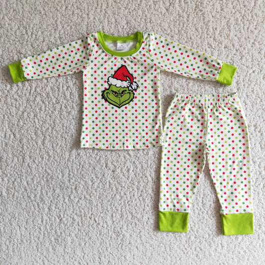 Boys Christmas Pajamas Long Sleeves Joggers Green Polka Dot