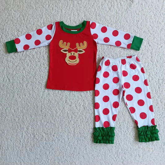 Girls Embroidery Reindeer Pajamas Long Sleeves Polka Dot