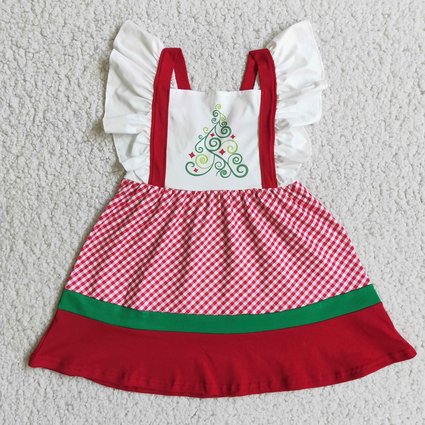 2.99 E3-19 Girls Christmas Tree Dress Flutter Sleeves Red