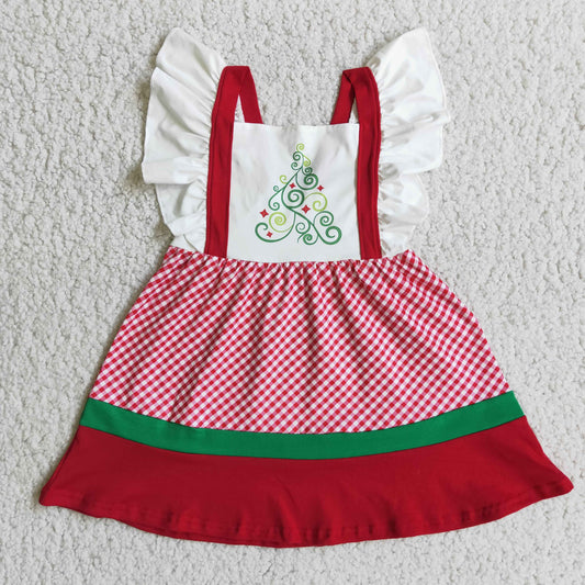 2.99 E3-19 Girls Christmas Tree Dress Flutter Sleeves Red