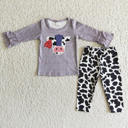 Girls Cow Outfits Longs Sleeves Pants Gray