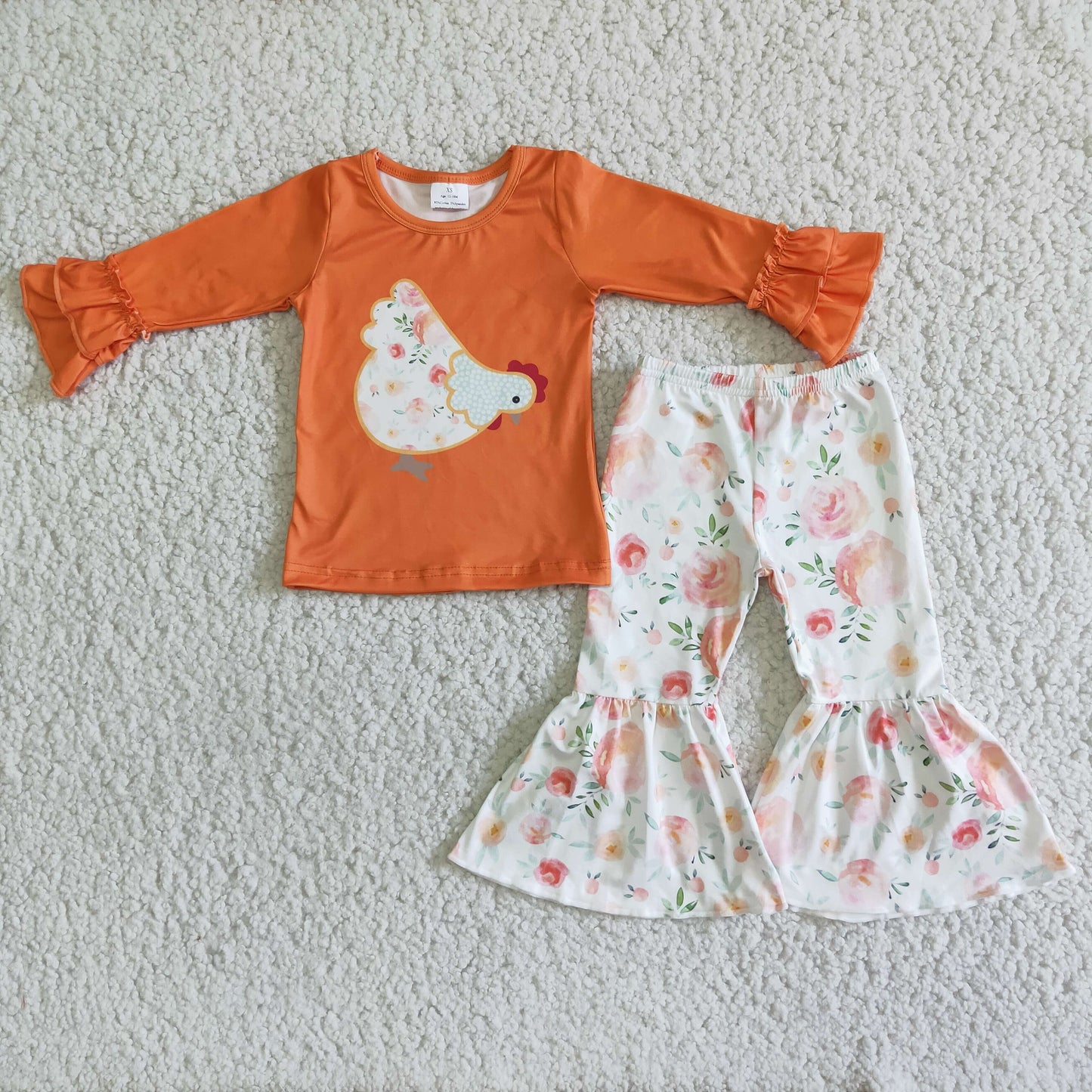 Girls Chicken Outfits Longs Sleeves Floral Pants Orange