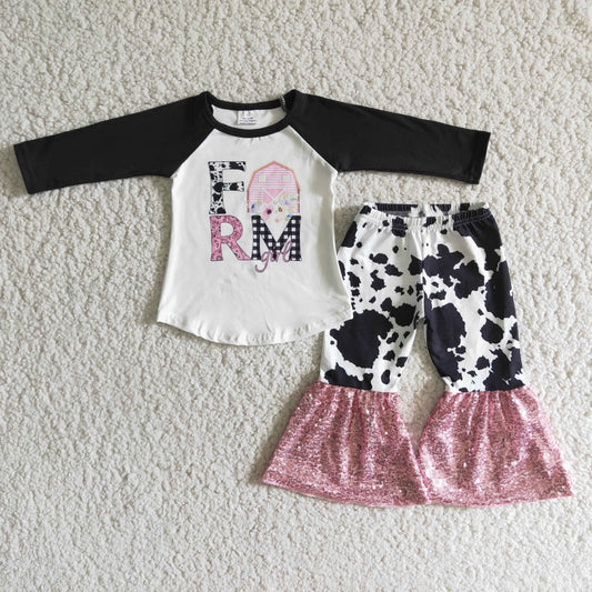 Girls Farm Outfits Long Sleeves Bell Bottom Pant