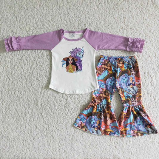 Girls Cartoon Outfits Long Sleeves Bell Bottom Purple