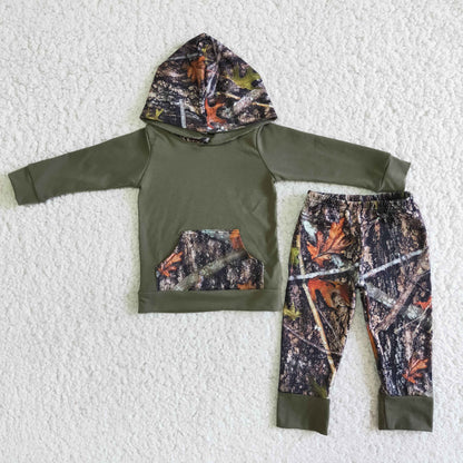 Boys Camouflage Outfits Long Sleeves Hoodies Joggers Army Green