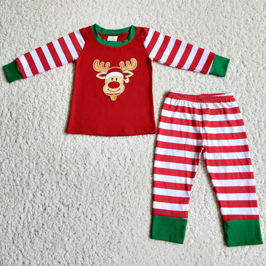 Boys Embroidery Reindeer Pajamas Long Sleeves Stripe