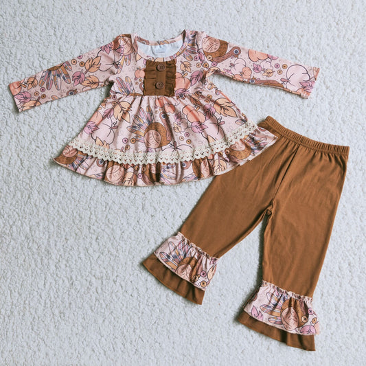 Girls Thanksgiving Turkey Outfits Long Sleeves Brown Pants