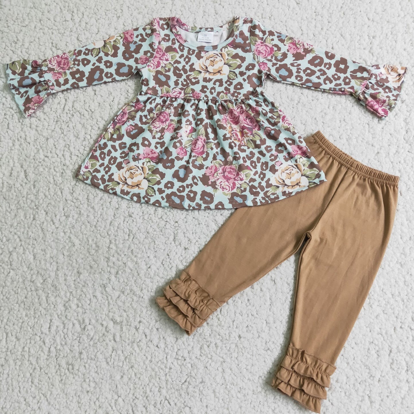 Girls Leopard Floral Outfits Long Sleeves Brown Pants