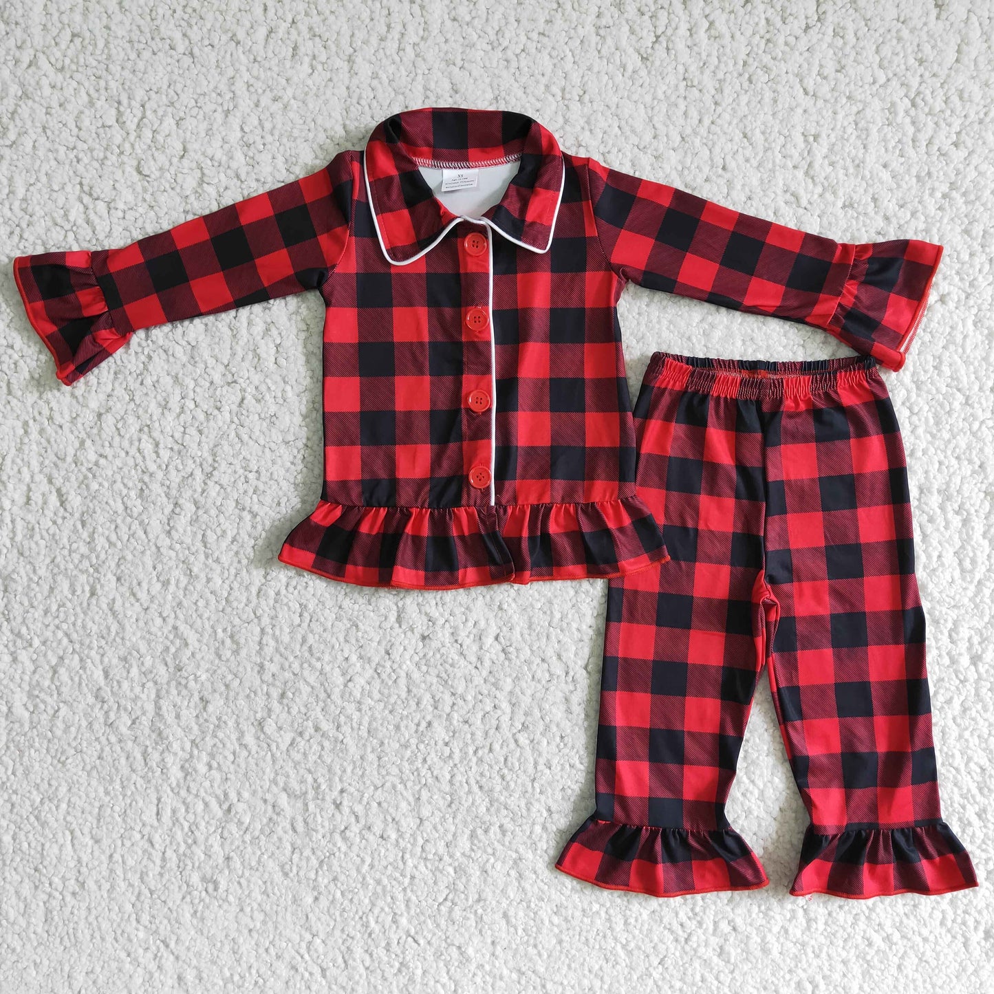 Girls Checked Pajamas Long Sleeves Pants Black Red