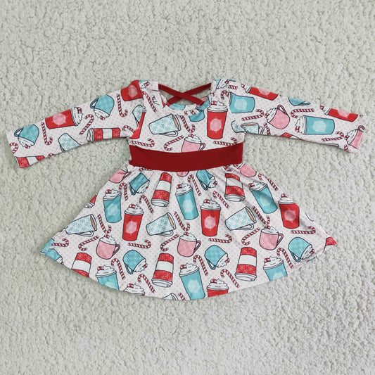 2.99  6 B12-19 Girls Coffee Candy Canes Dress Long Sleeves Red