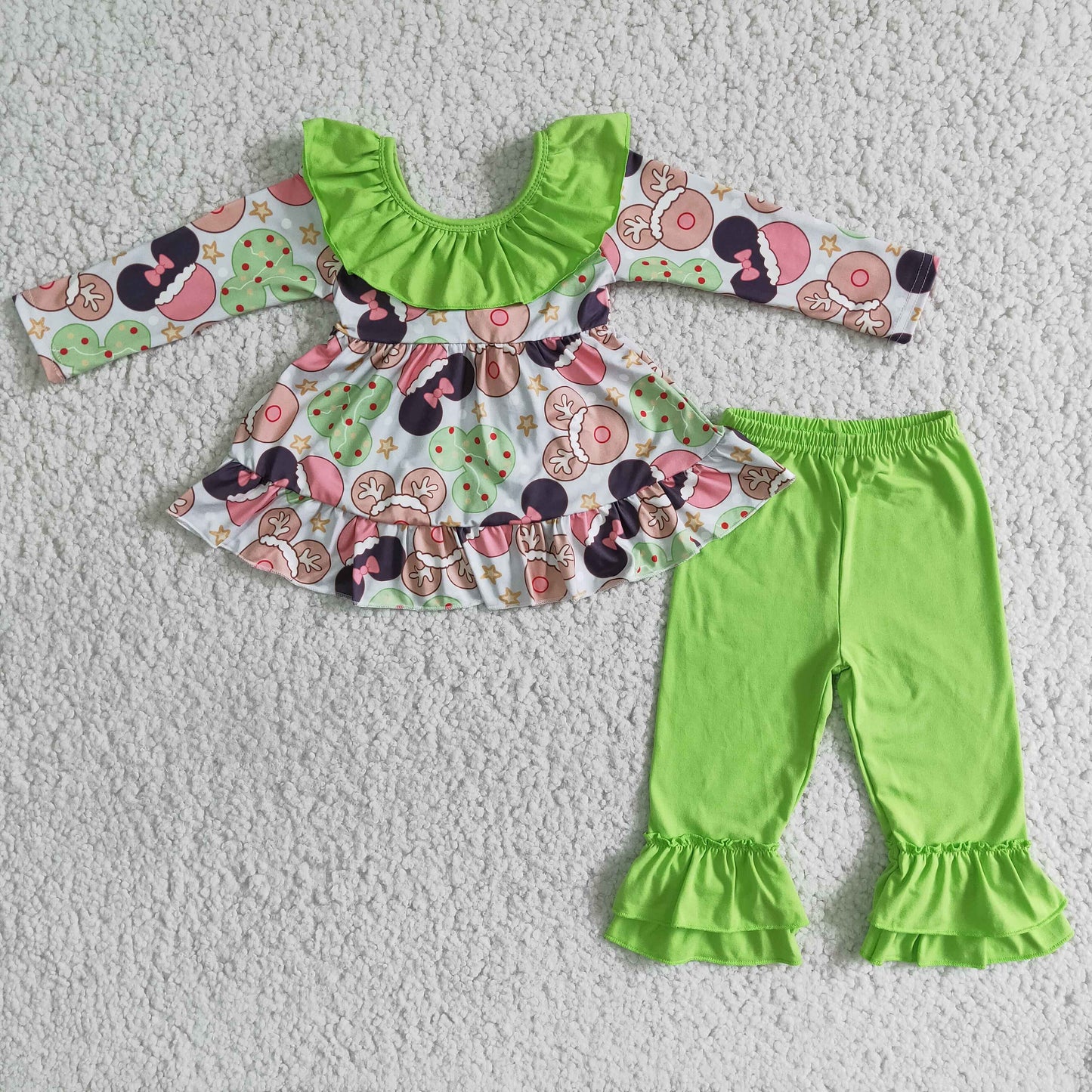 Girls Cartoon Outfits Long Sleeves Green Pants Bows