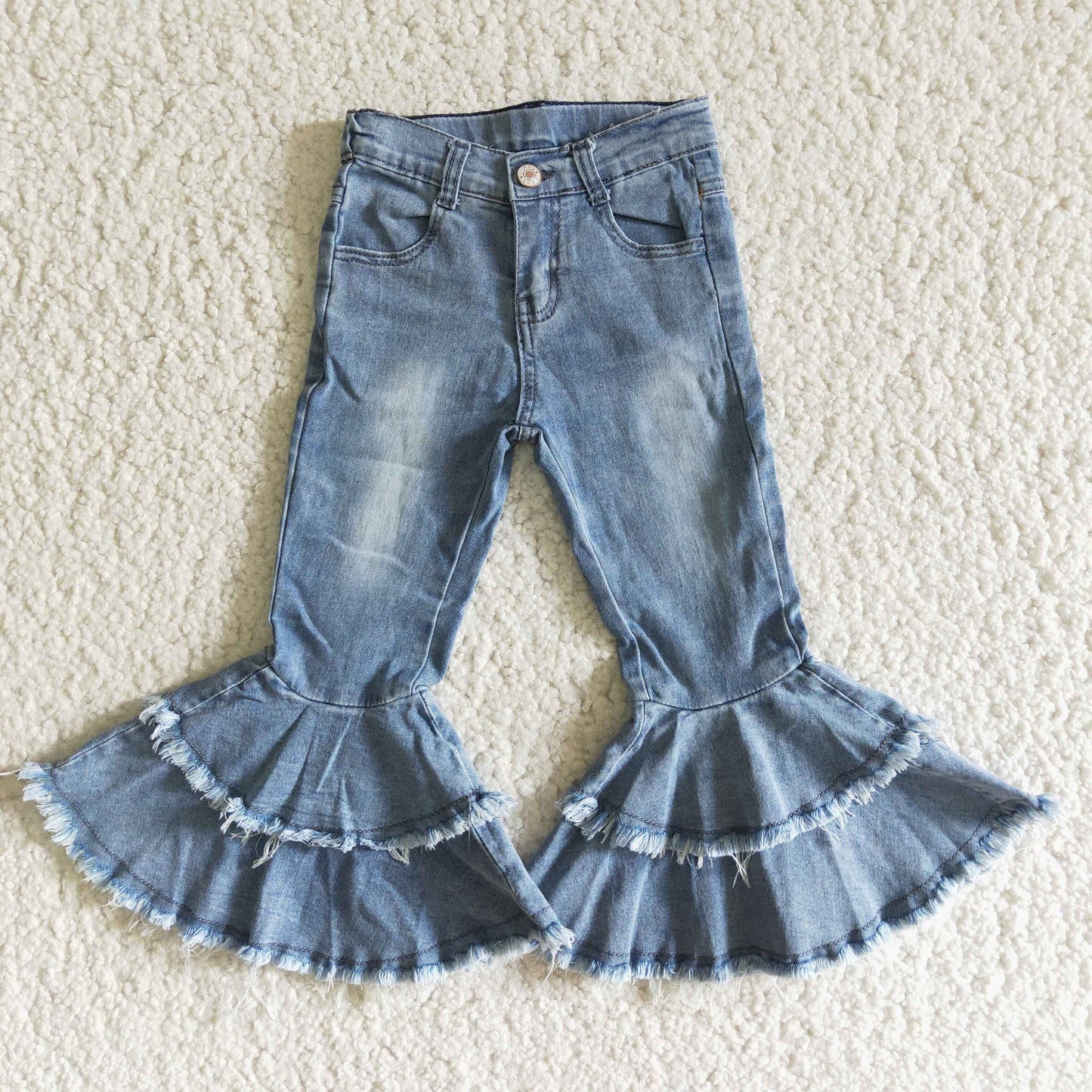 Girls Light Blue Jeans Bell Bottom Ruffled Pants