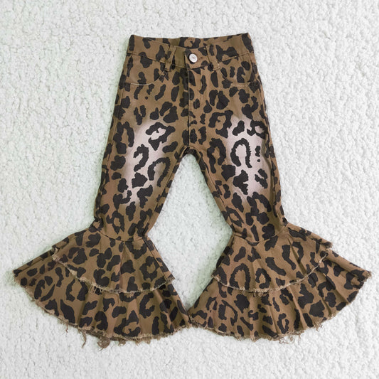 Girls Leopard Jeans Bell Bottom Pants Ruffled