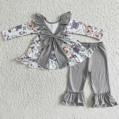 Girls Christmas Snowman Outfits Long Sleeves Gray Pants