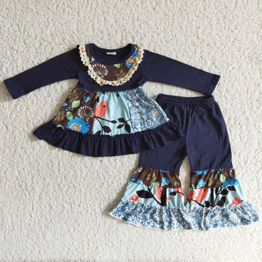 Girls Floral Outfits Long Sleeves Navy Pants