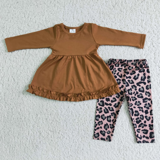 Girls Leopard Brown Outfits Long Sleeves Pants