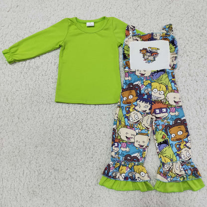 Girls Cartoon Outfits Long Sleeves Overalls Green