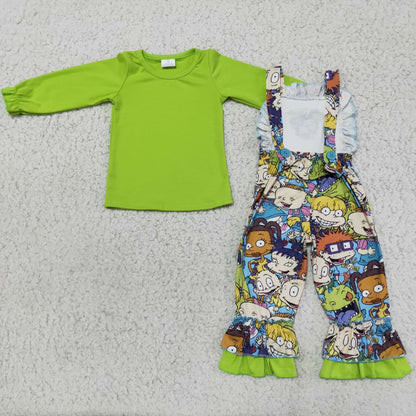 Girls Cartoon Outfits Long Sleeves Overalls Green