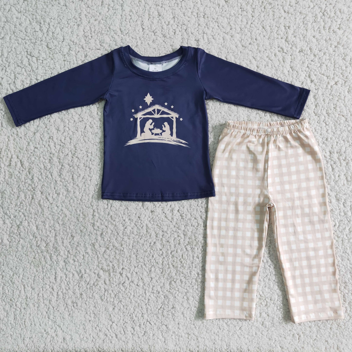 Boys Jesus Navy Outfits Long Sleeves Checked Pants