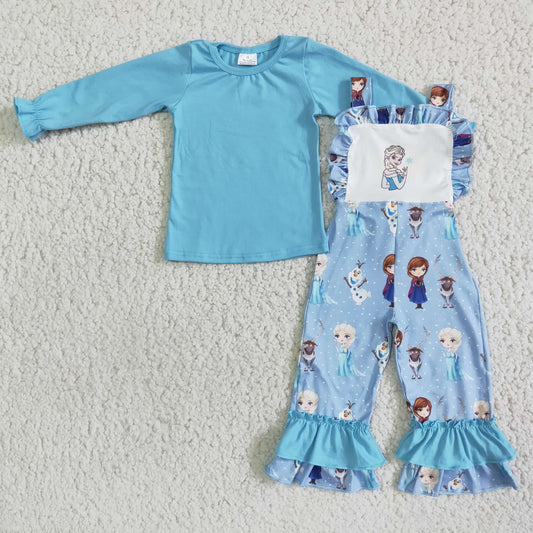 Girls Cartoon Princess Outfits Long Sleeves Overalls Sky Blue