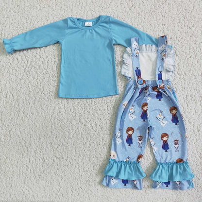 Girls Cartoon Princess Outfits Long Sleeves Overalls Sky Blue