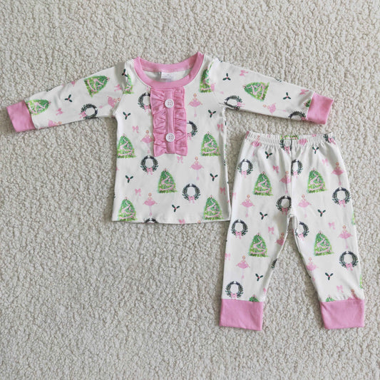Girls Christmas Tree Pajamas Long Sleeves Pink Pants