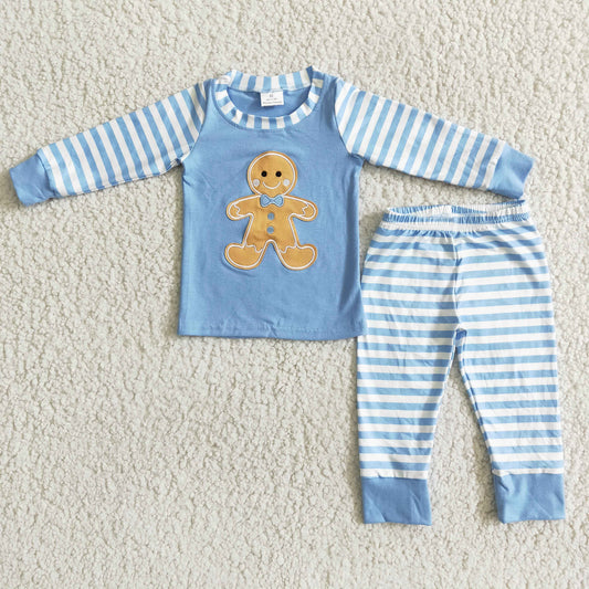 Boys Embroidery Pajamas Long Sleeves Blue Stripe