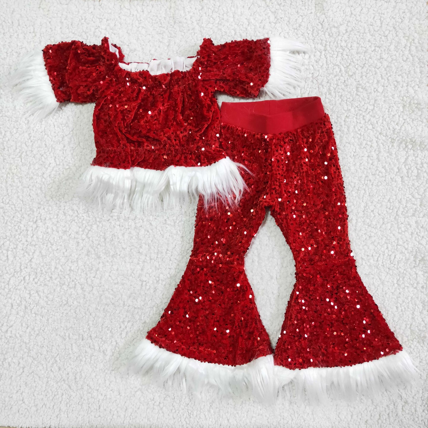 C7-23 Girls Christmas Red Sequin Outfits Long Sleeves Bell Bottom Pants