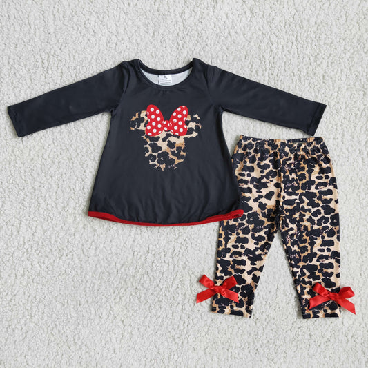 Girls Cartoon Outfits Long Sleeves Leopard Pants