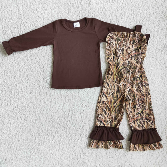 Girls Camouflage Outfits Long Sleeves Brown Overalls