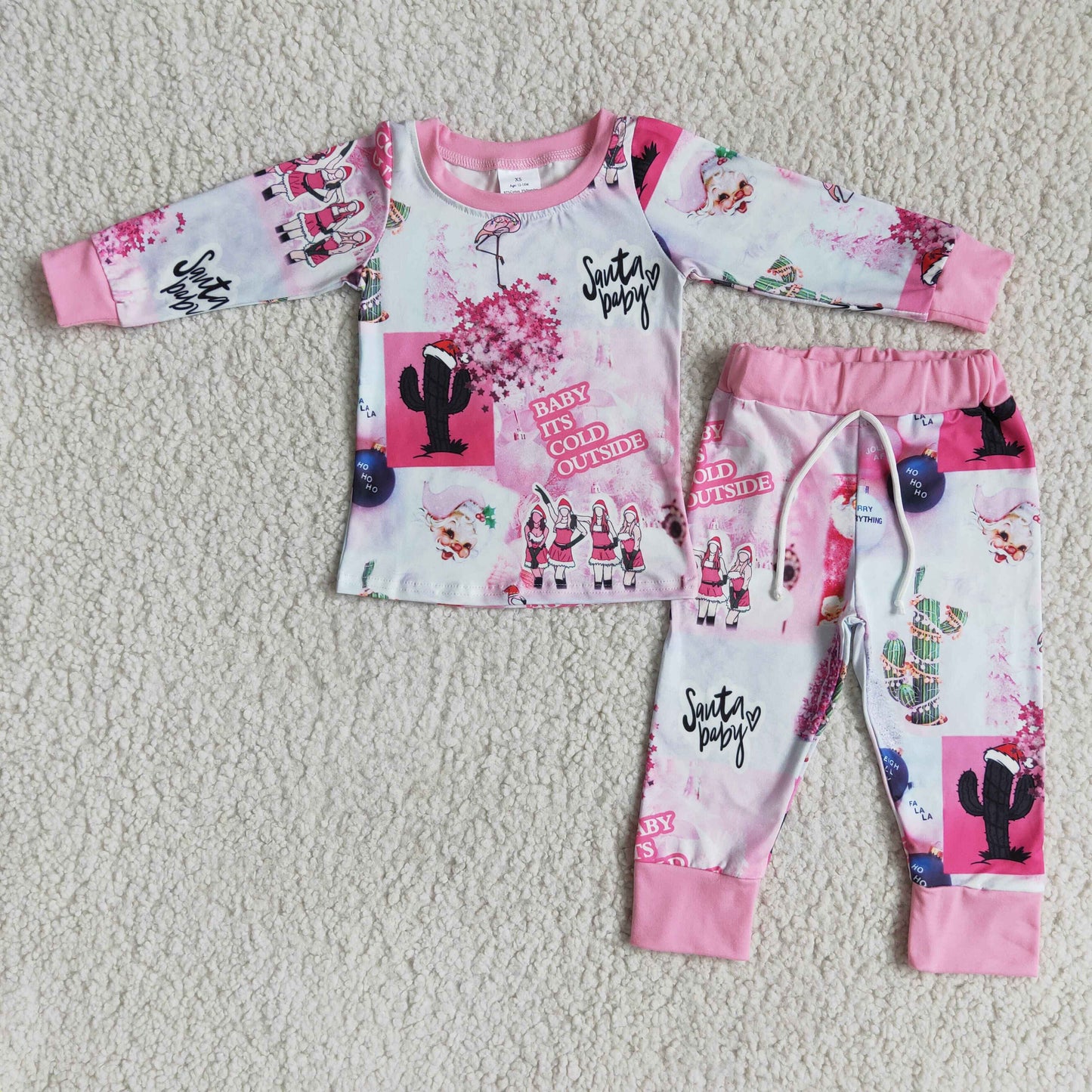 Girls Christmas Santa Baby Pajamas Long Sleeves Joggers Pink