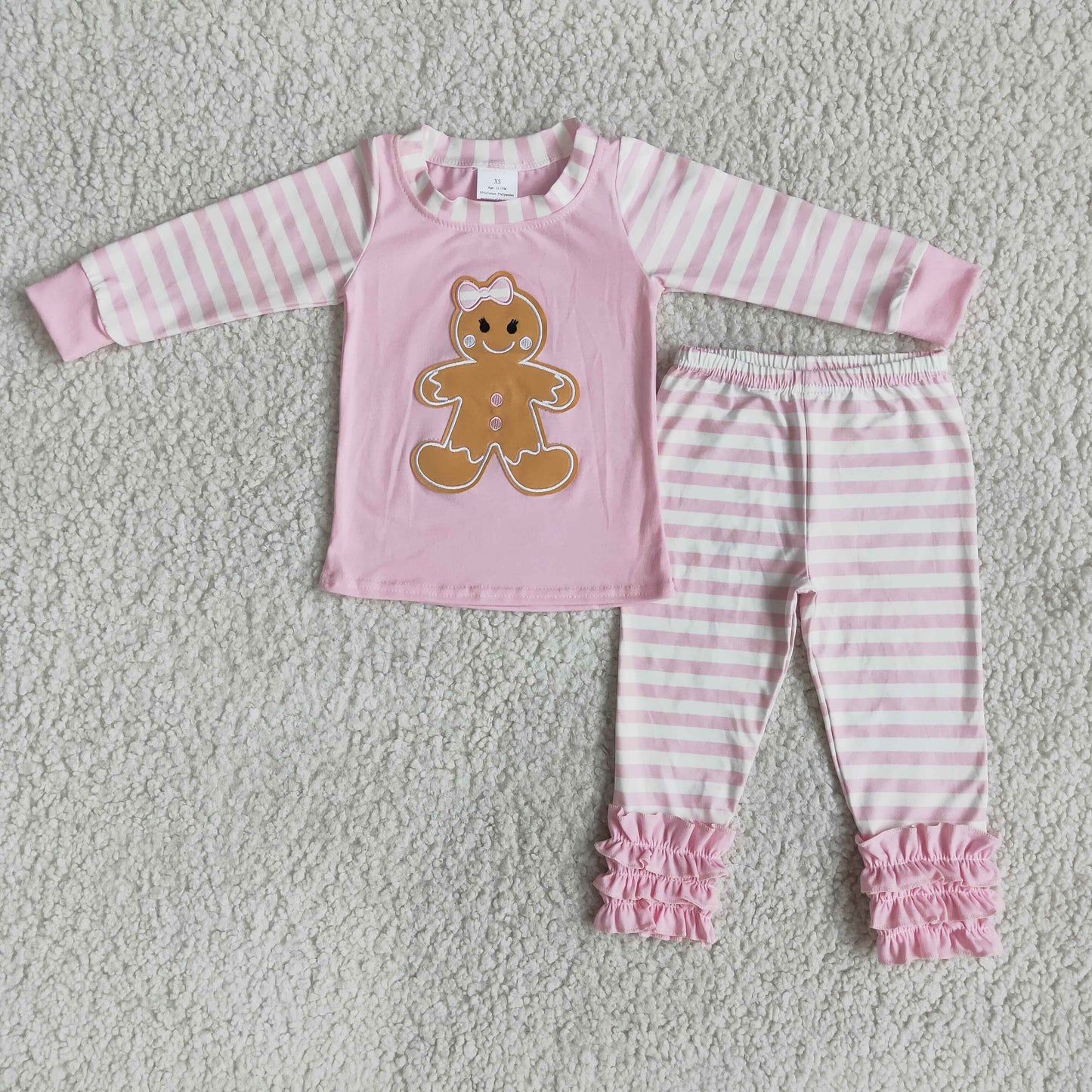 Girls Embroidery Pajamas Long Sleeves Pink Stripe